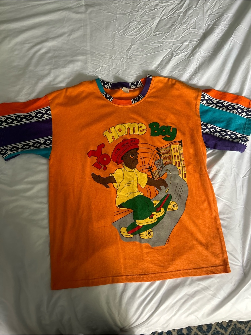 Vintage 'Home Boy' Skate Graphic Tee - Orange with Teal & Purple Sleeves